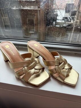 La Scarpa Gold Knotted Strap Block Heel Mules